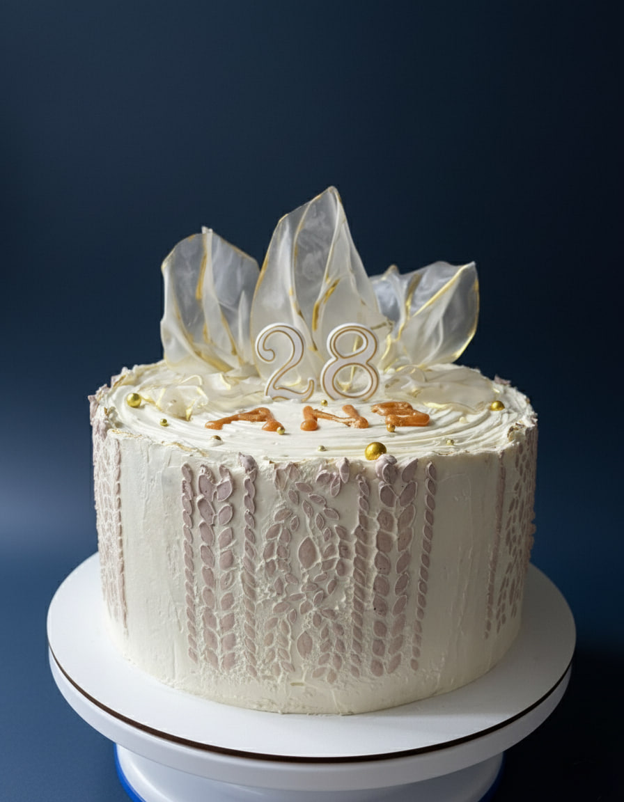 White birthday cake with '28' candles and wafer paper decorations.