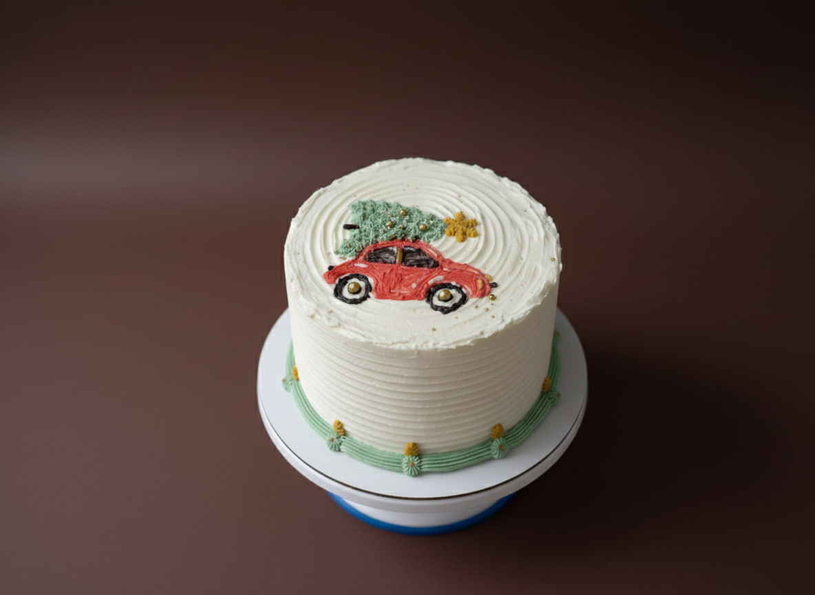 Christmas themed cake with a red car and Christmas tree.
