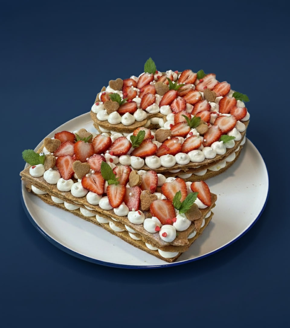 Number-shaped cakes decorated with strawberries, cream, and mint leaves.